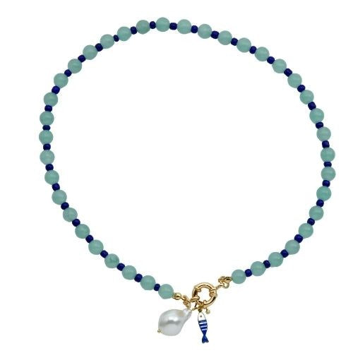 Parisian Cool aqua gemstone necklace with mother of pearl and fish pendants