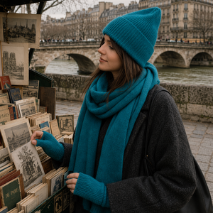 Woman wearing teal knit beanie and scarf outdoors in Paris