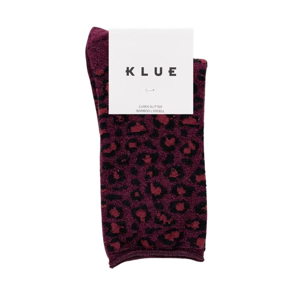 KLUE Glitter Lurex Socks in Leopard Burgundy