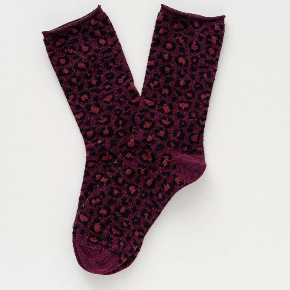 KLUE Glitter Lurex Socks in Leopard Burgundy