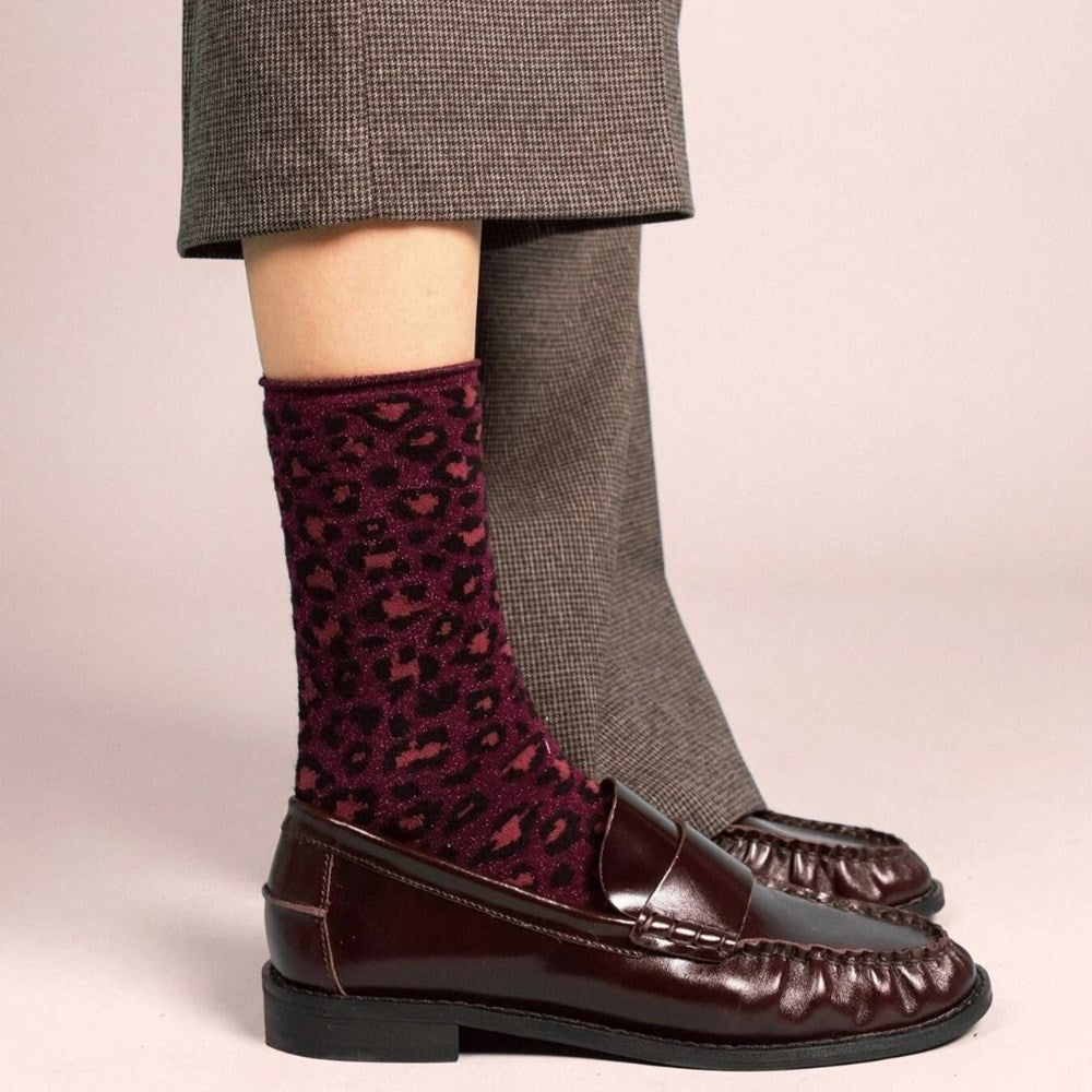 KLUE Glitter Lurex Socks | LEOPARD Burgundy