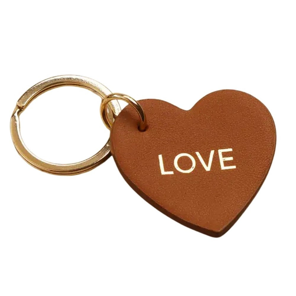Les Cleias Love engraved leather keyring in camel