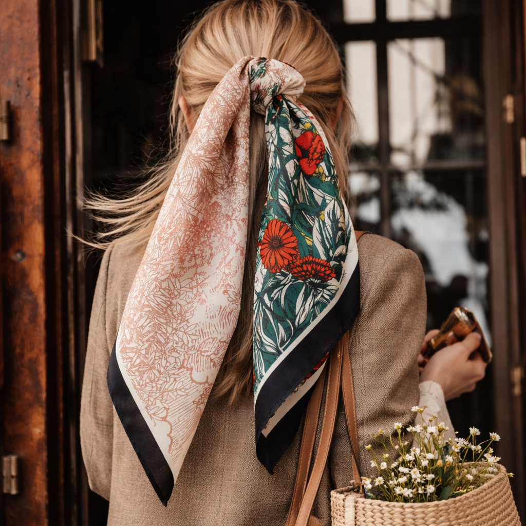 Maison Fanli silk scarf 90x90cm orange floral print worn in hair, Paris street style