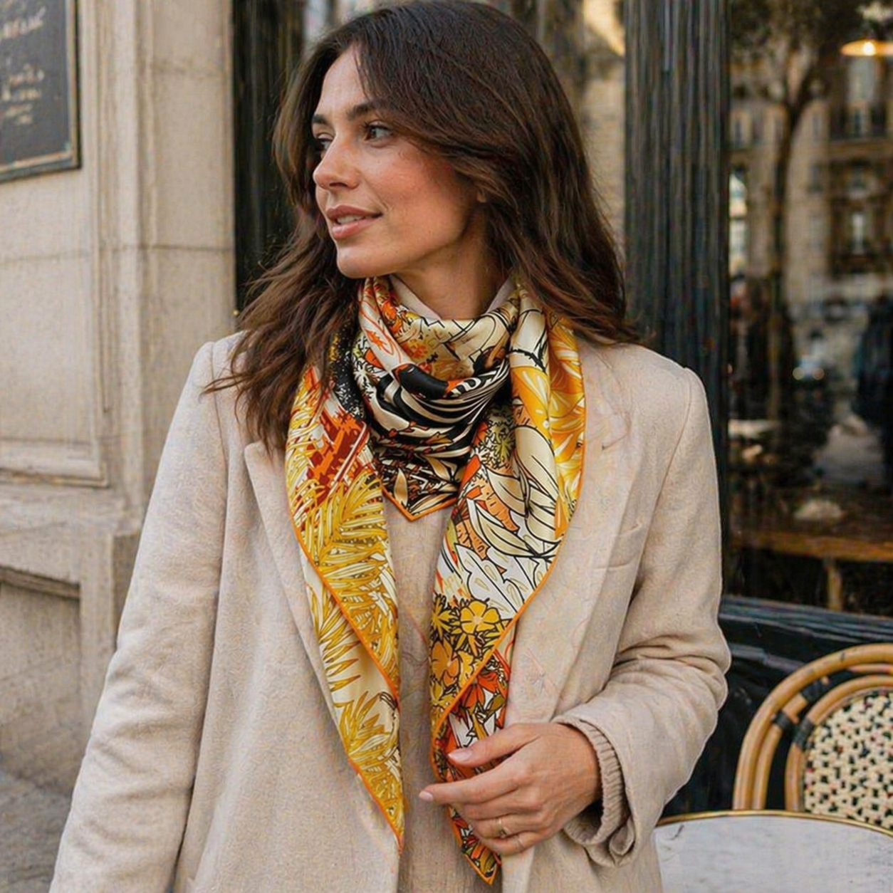Parisian woman wearing Maison Fanli silk scarf "Wild Paris Light Green"
