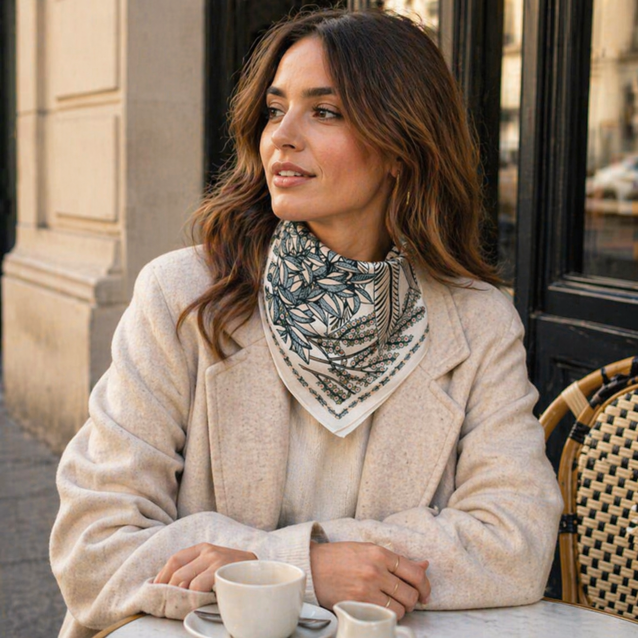 Parisian woman wearing silk scarf "Heloise Panther Grey"