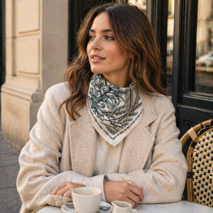 Parisian woman wearing silk scarf "Heloise Panther Grey"