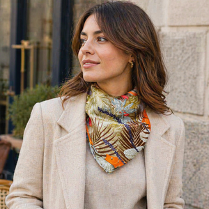 Parisian woman wearing silk scarf in "Tropical Temple Multicolour"