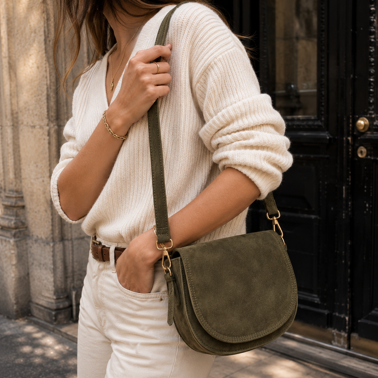 MAISON FANLI Gabrielle Suede Handbag - Khaki