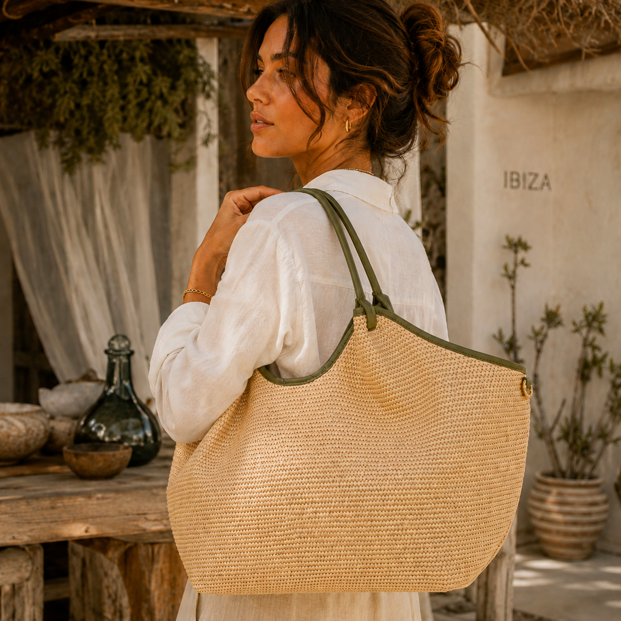 MAISON FANLI Large Hector Raffia Handbag - Khaki