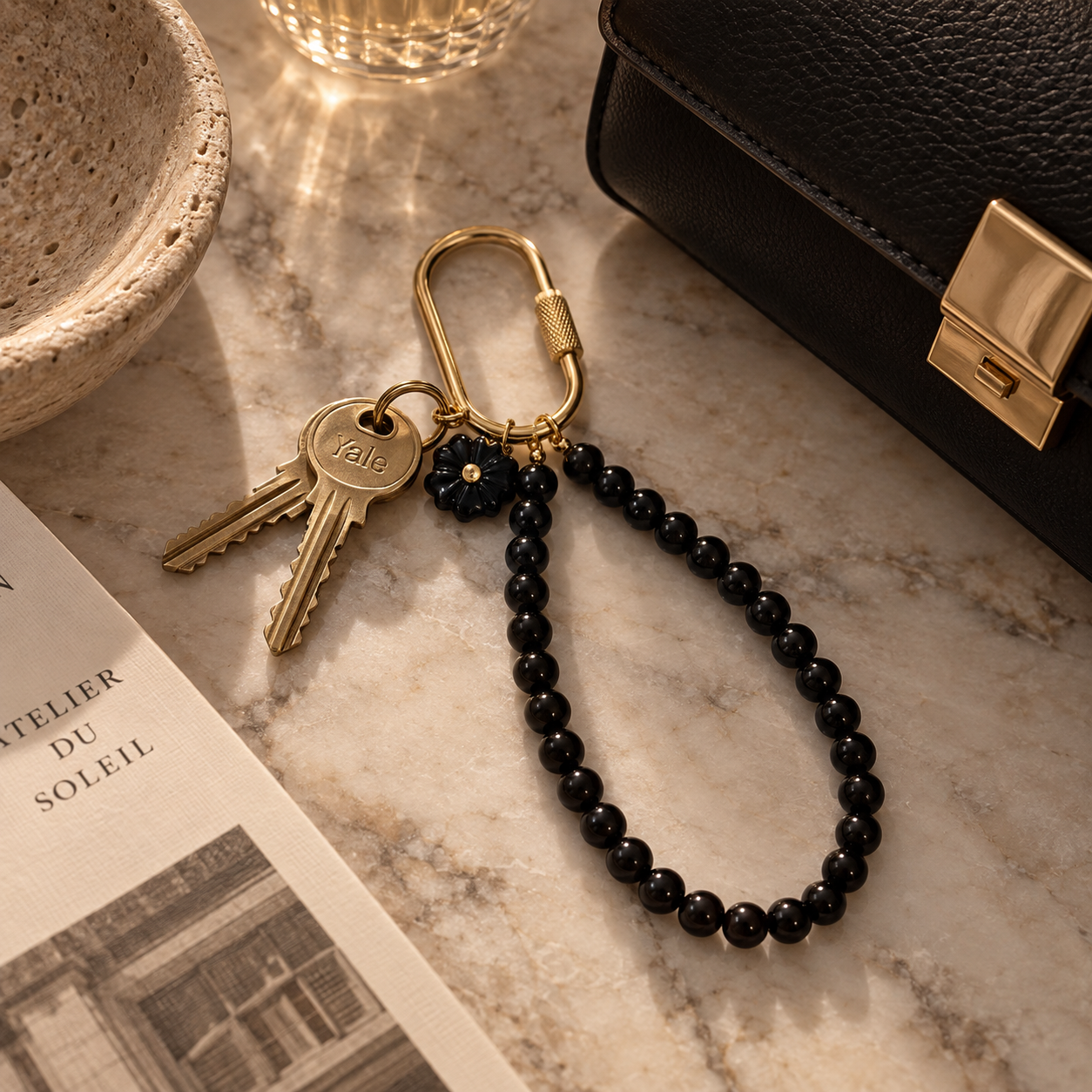 Gemstone Key Ring Loop Black styled with keys