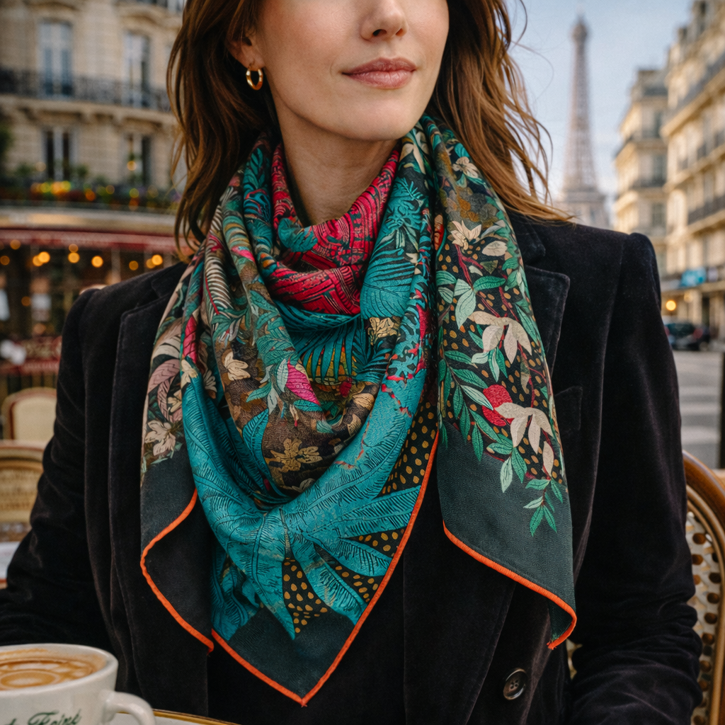 MAISON FANLI Silk Scarf 90x90cm - Forgotten Temple Green worn around the neck, Parisian style