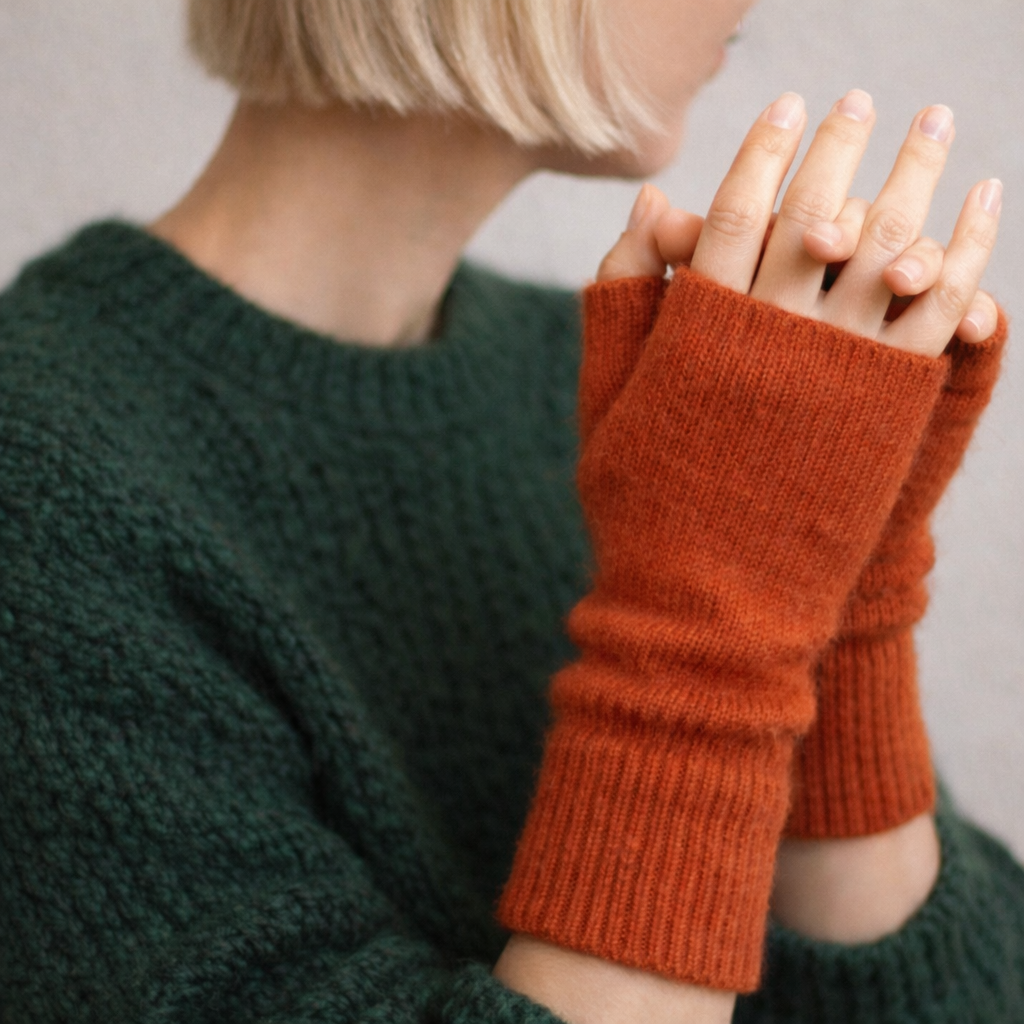 Woman wearing fingerless knit mittens in burnt orange