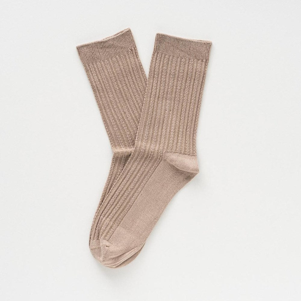 KLUE Pointelle DUST CARAMEL Fine Rib Knit Socks- 36-40