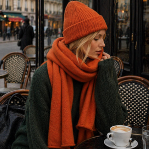 Woman wearing burnt orange knit beanie and scarf outdoors in Paris