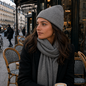 Woman wearing dark grey knit beanie and scarf outdoors in Paris