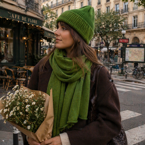 Woman wearing green knit beanie and scarf outdoors in Paris
