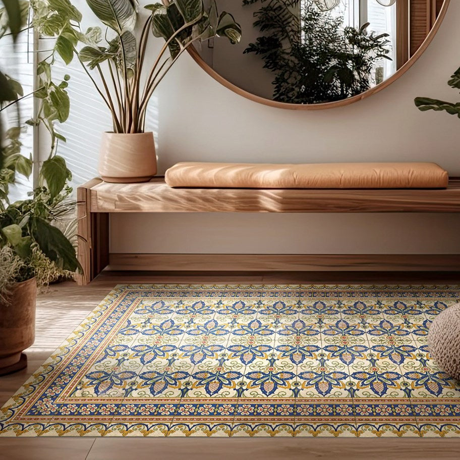 Beija Flor vinyl rug 'Crown' laid on the floor in an entryway setting.
