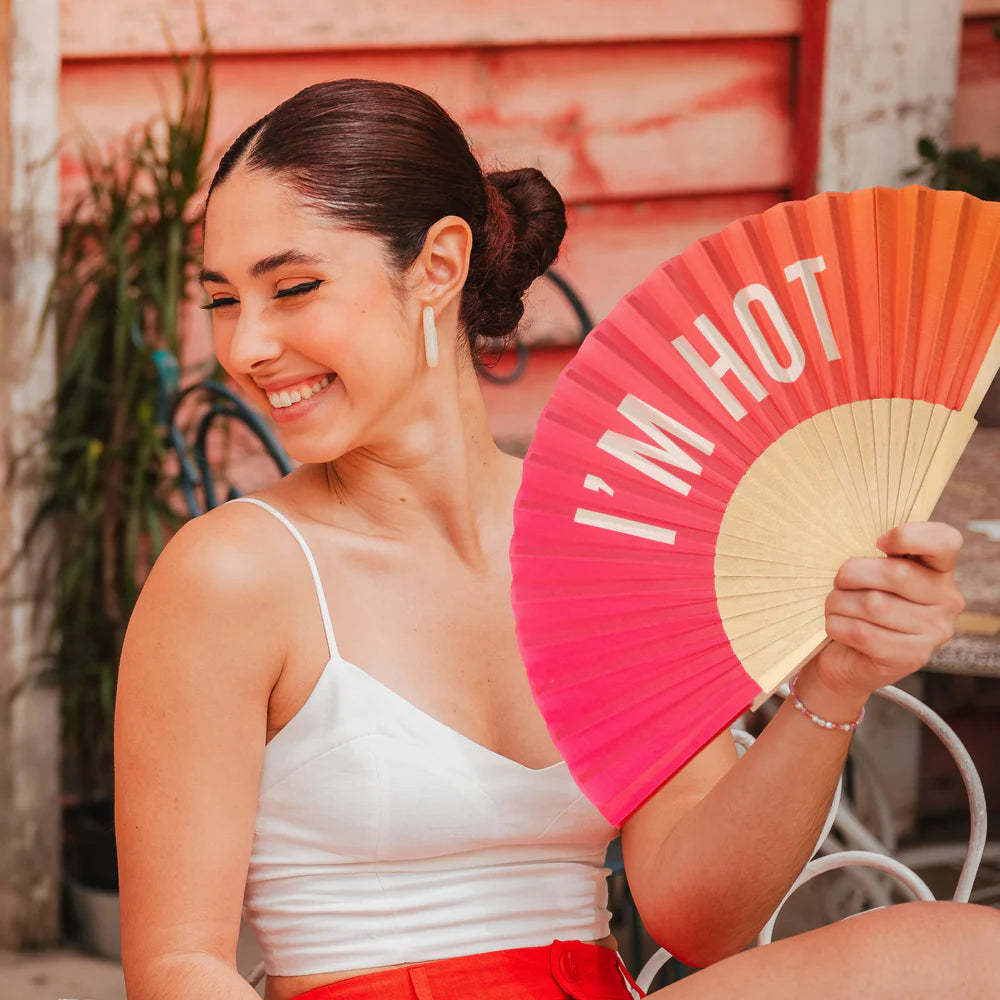 Fun Fisura hand fan shown open with printed design "I'm hot"