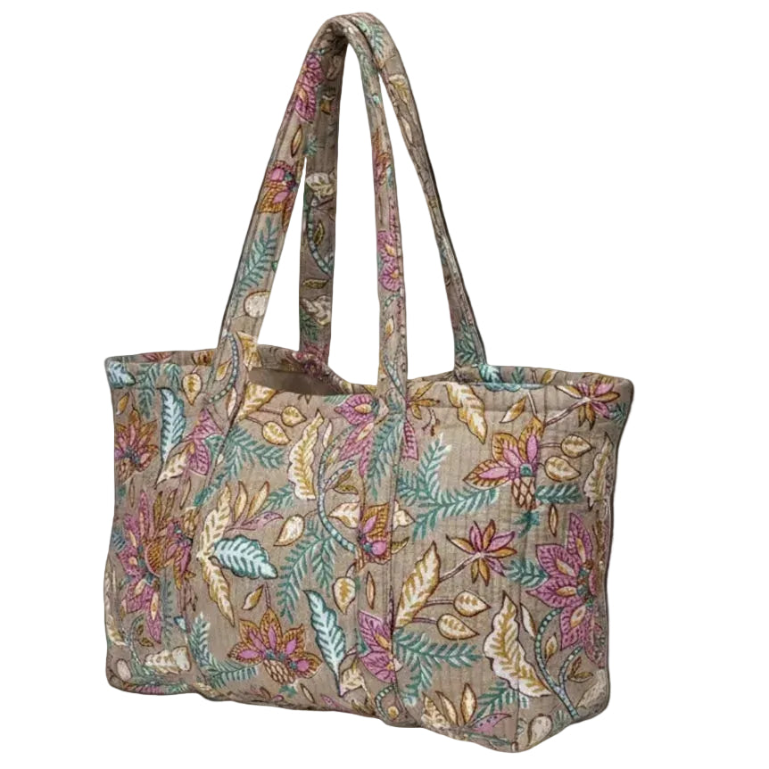 VOYAGE Eloise large tote bag in khaki paisley block-print quilted cotton