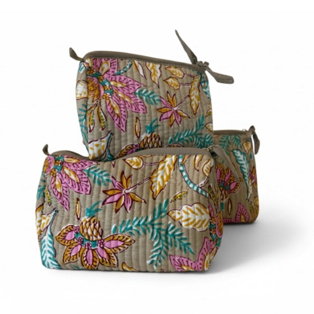 VOYAGE Eloise set of 3 toiletry and makeup bags in khaki paisley block-print quilted cotton