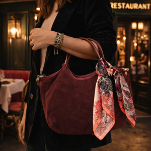 Maison Fanli Hector small suede handbag in Plum with silk scarf tied to handle, Paris evening styling.