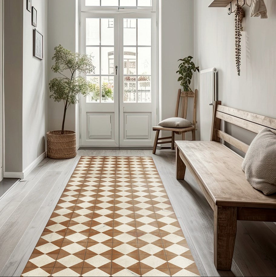 BEIJA FLOR Vinyl Rug- Gambit Camel Modu in an entrance