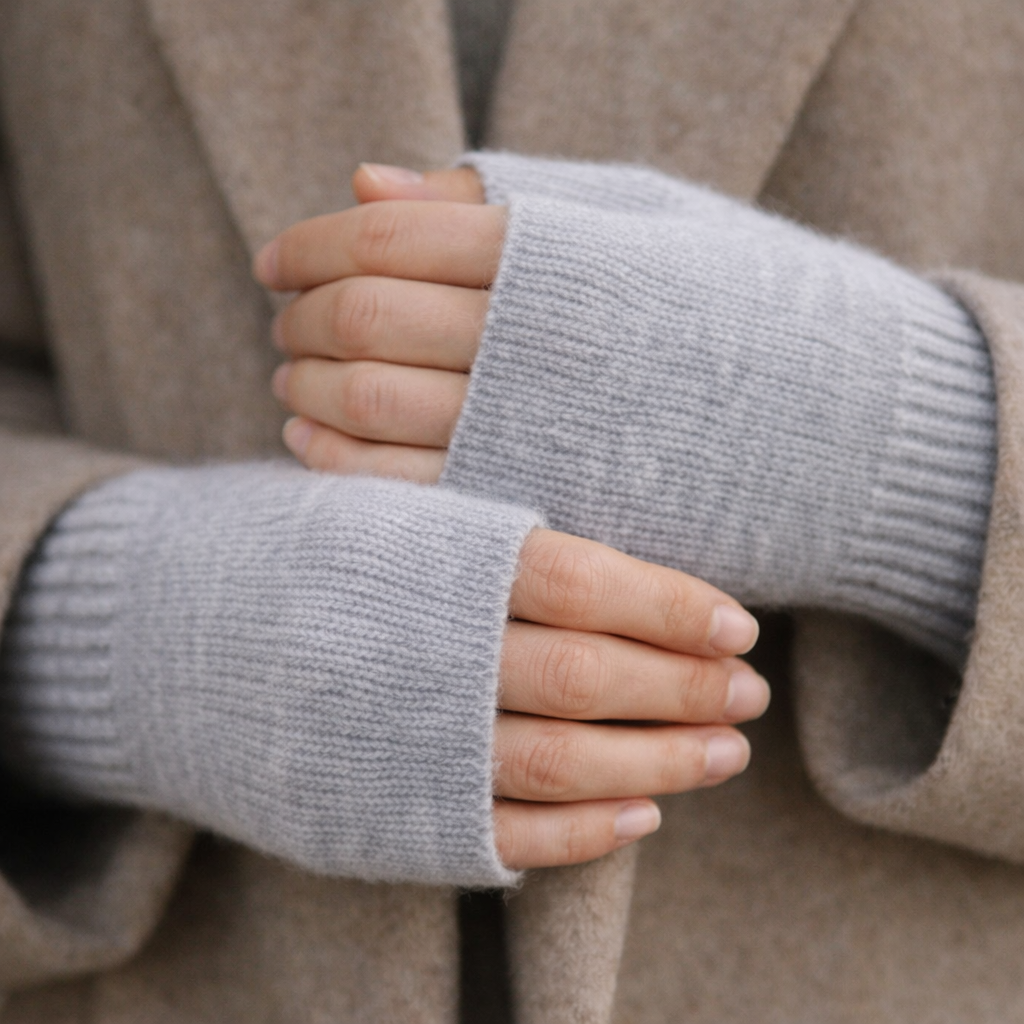Woman wearing fingerless knit mittens in light grey