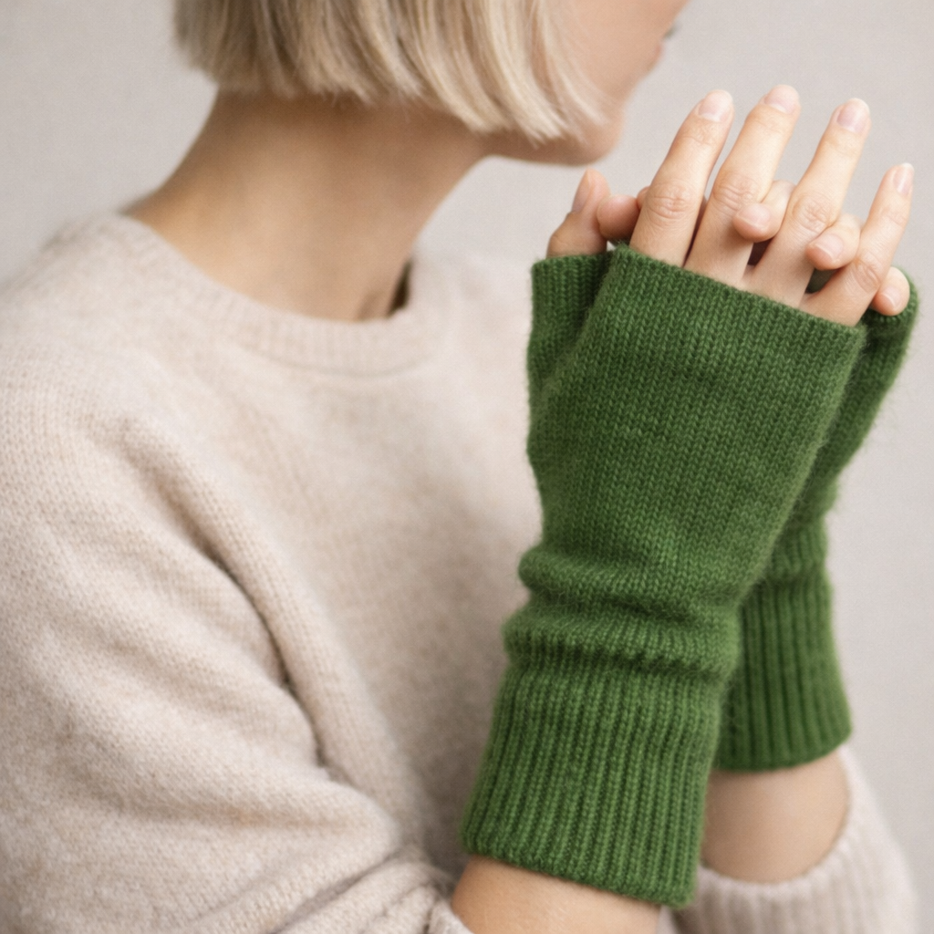 Woman wearing fingerless knit mittens in green