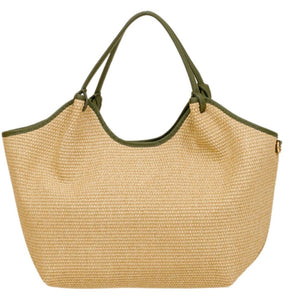 MAISON FANLI Large Hector Raffia Handbag in Natural with Khaki leather trim