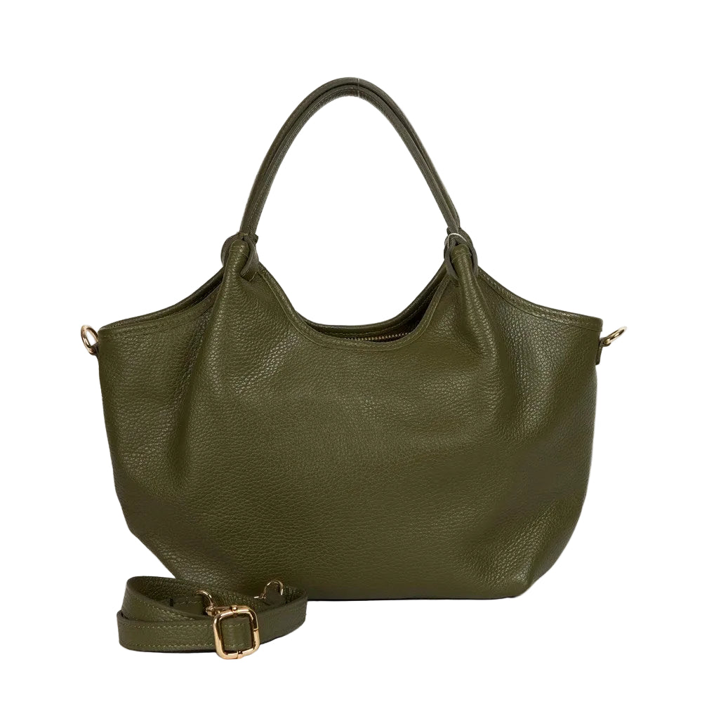 HECTOR Small grained leather bag in Khaki by Maison Fanli Paris with rounded handles and removable shoulder strap