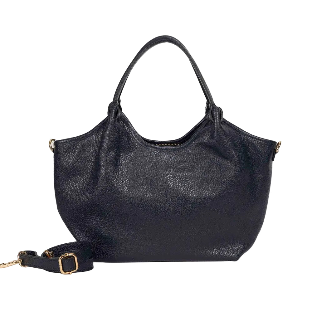 HECTOR Small grained leather bag in Navy by Maison Fanli Paris with rounded handles and removable shoulder strap