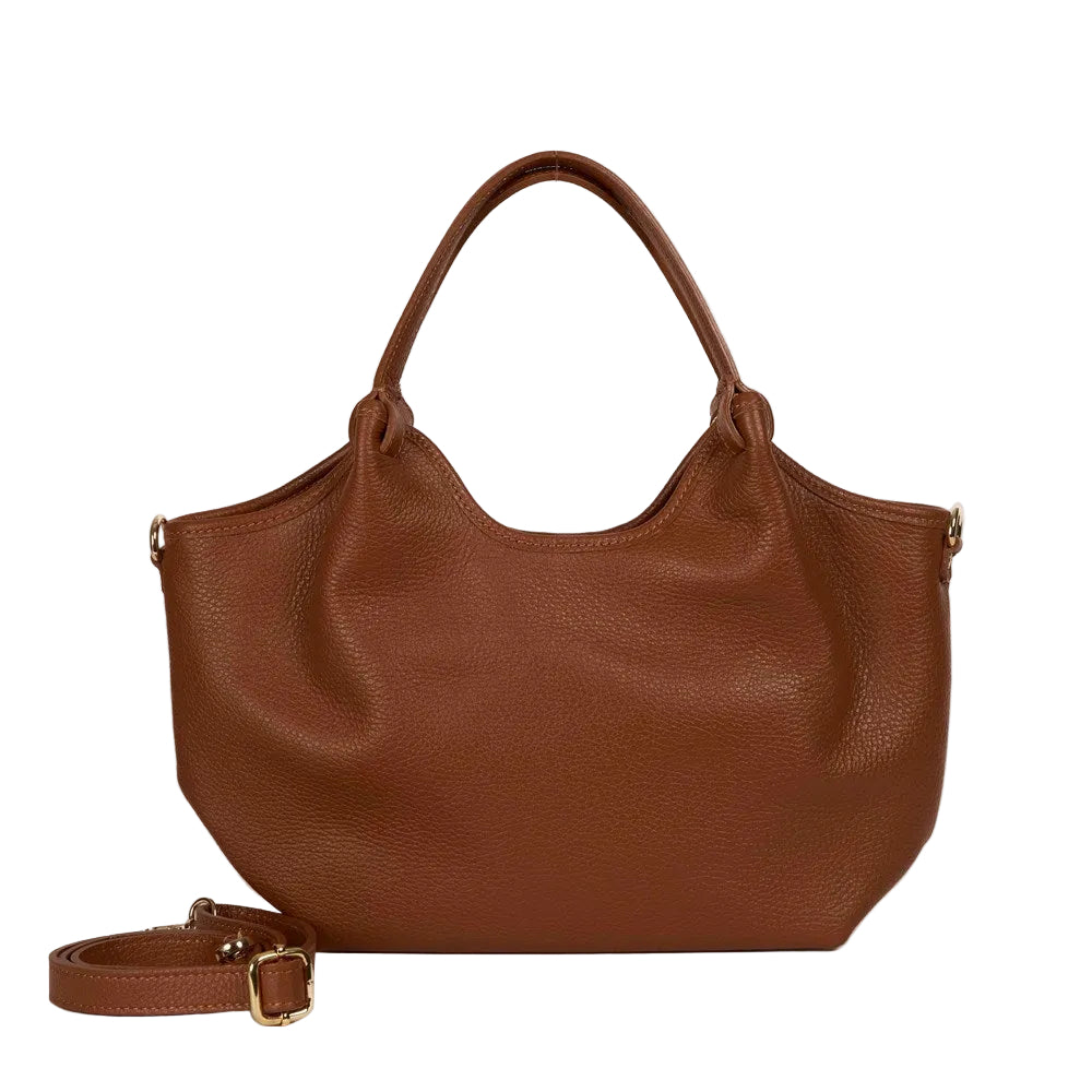 HECTOR Small grained leather bag in Camel by Maison Fanli Paris with rounded handles and removable shoulder strap