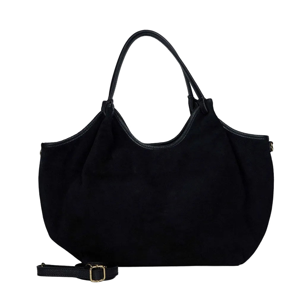 Hector large Black suede leather bag by Maison Fanli Paris with rounded handles and removable shoulder strap