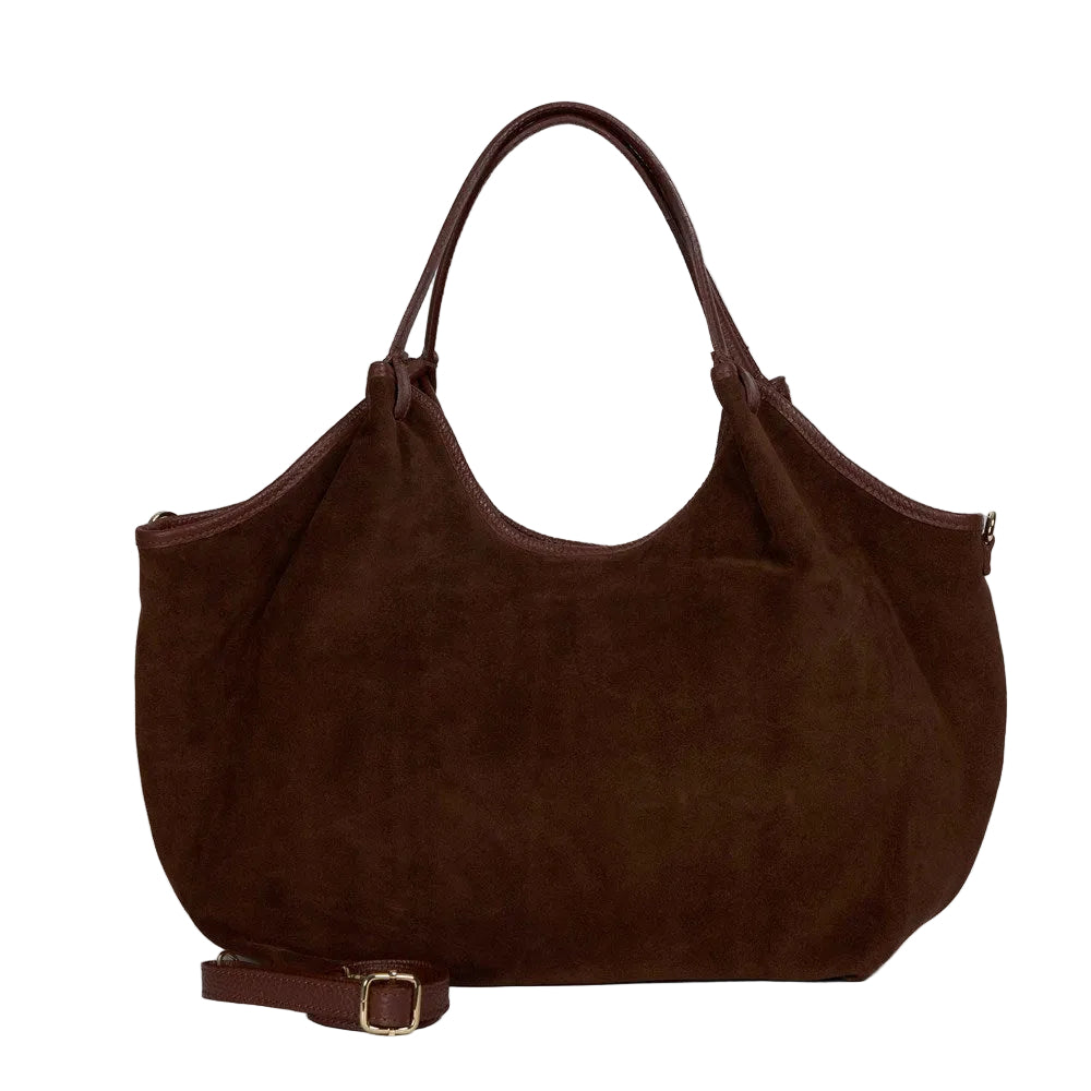 Hector large Brown suede leather bag by Maison Fanli Paris with rounded handles and removable shoulder strap