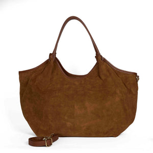 Hector large Camel suede leather bag by Maison Fanli Paris with rounded handles and removable shoulder strap