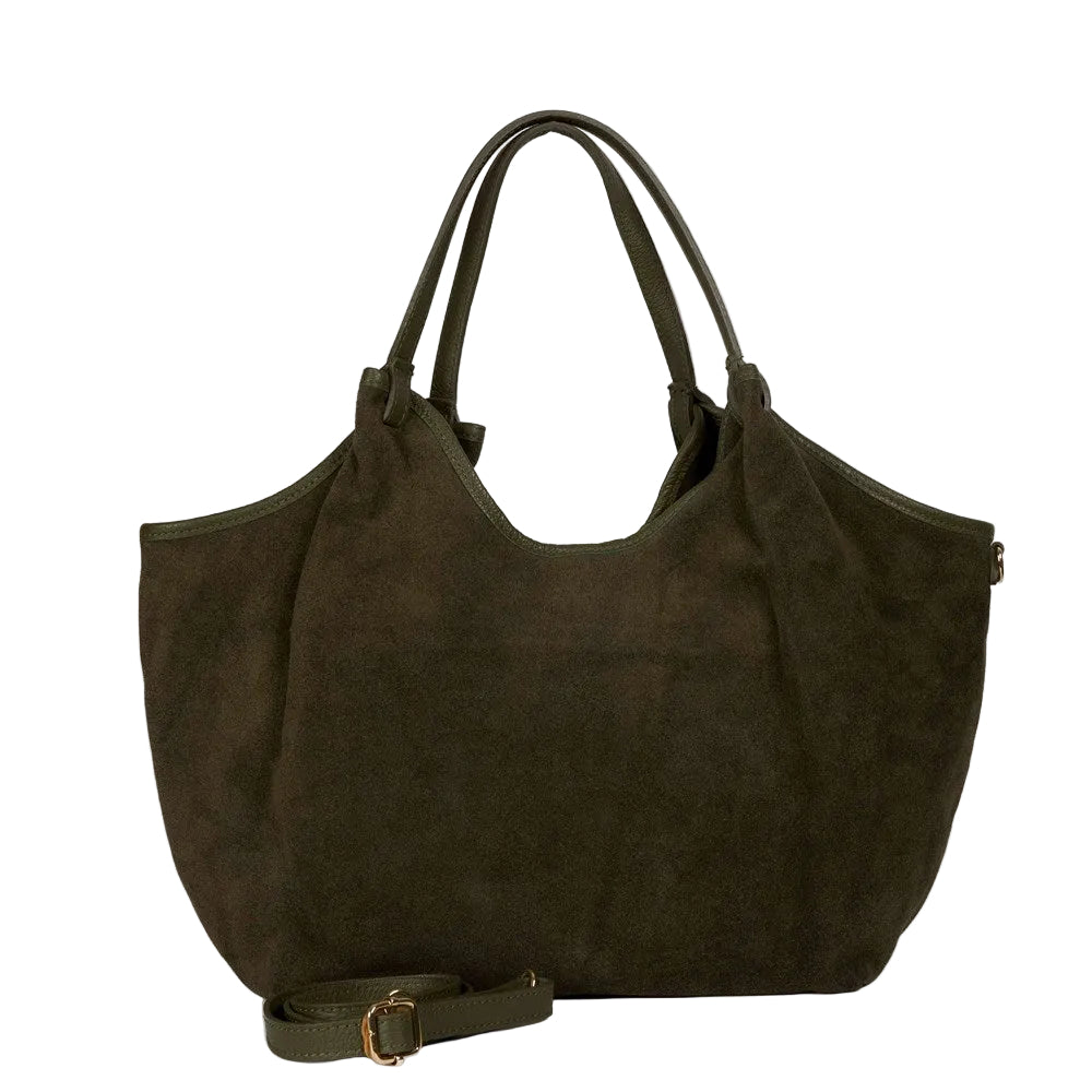 Hector large Khaki suede leather bag by Maison Fanli Paris with rounded handles and removable shoulder strap