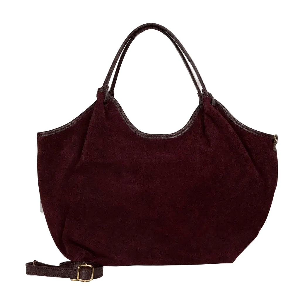 Hector large Plum suede leather bag by Maison Fanli Paris with rounded handles and removable shoulder strap