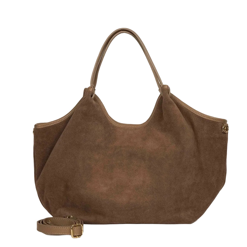 Hector large Taupe suede leather bag by Maison Fanli Paris with rounded handles and removable shoulder strap