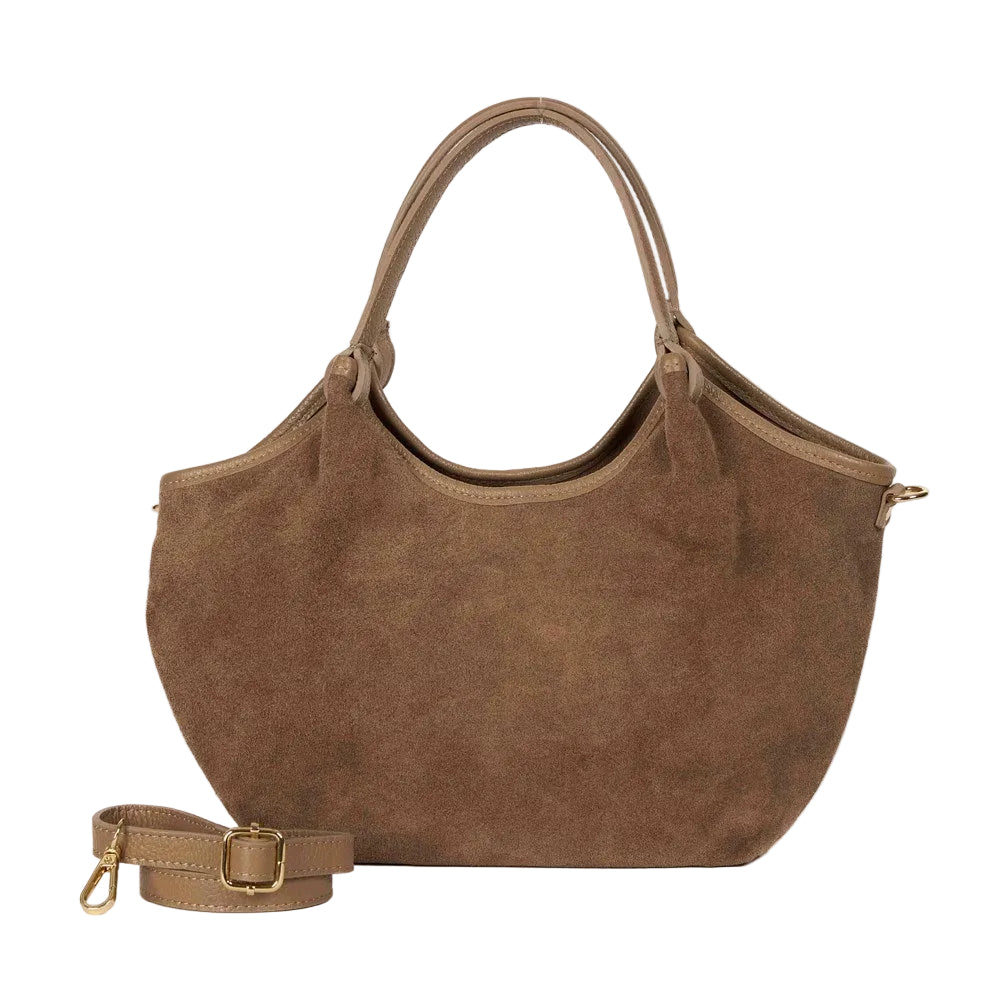 Hector small taupe suede leather bag by Maison Fanli Paris with rounded handles and removable shoulder strap