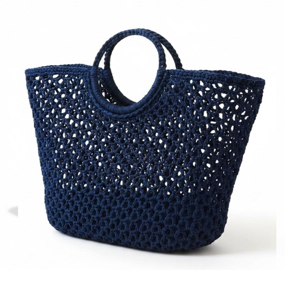 Rosie indigo blue crochet basket bag with round top handles and openwork pattern