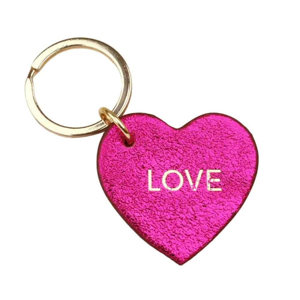 Les Cleias Love engraved leather keyring in hot pink