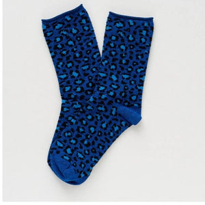 KLUE Glitter Lurex Socks in Leopard Night Blue