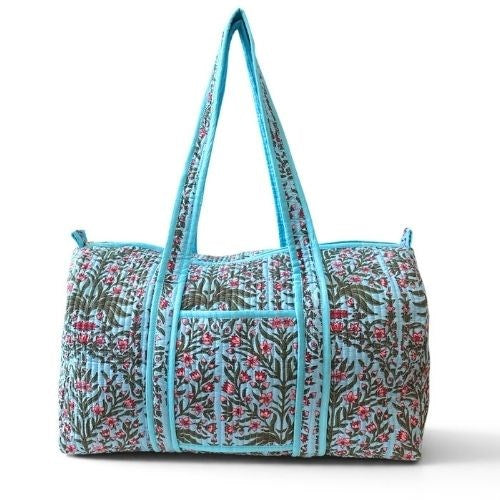 VOYAGE Lou weekender bag in aqua and pink floral block-print quilted cotton