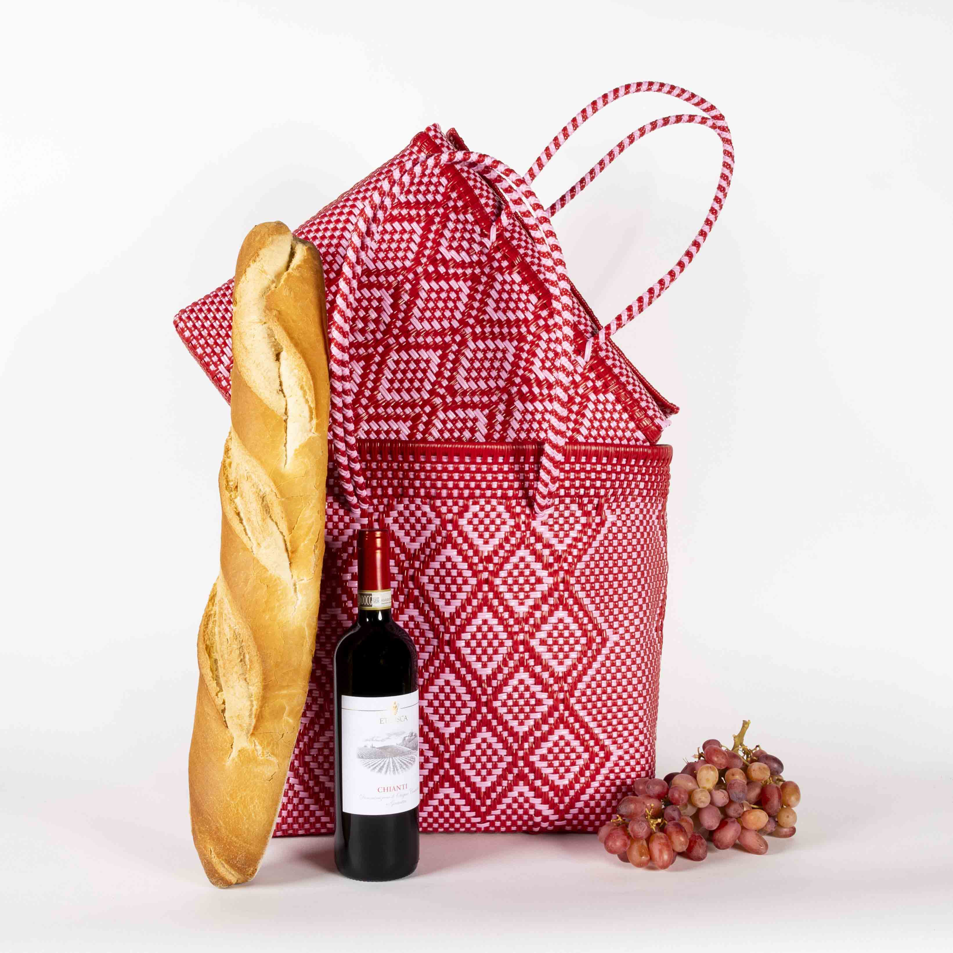 BAHIA Baskets in pink & red, handwoven in Mexico from recycled plastic, lightweight everyday carryall 