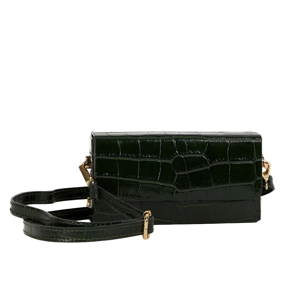 Margot croc-embossed leather clutch in Black by Maison Fanli Paris with removable leather strap and gold-toned hardware