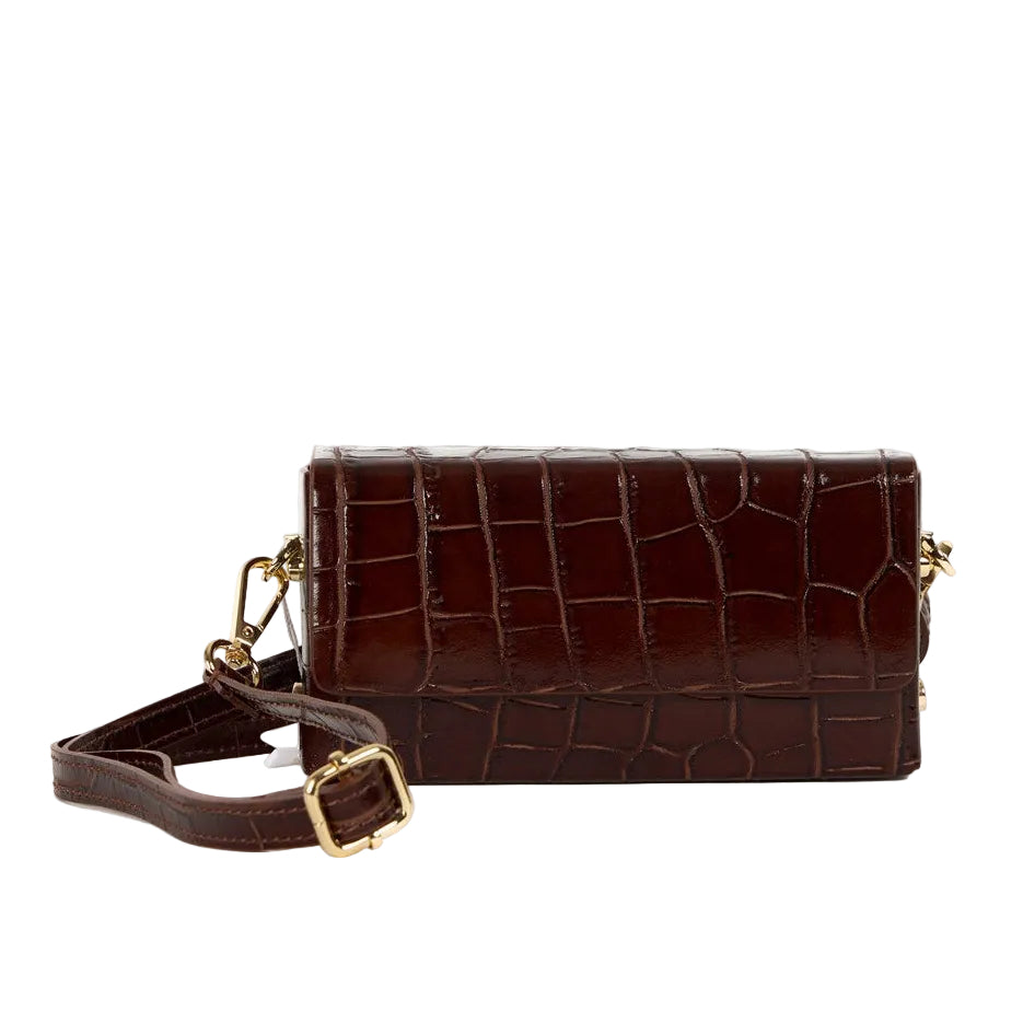 Margot croc-embossed leather clutch in Brown by Maison Fanli Paris with removable leather strap and gold-toned hardware