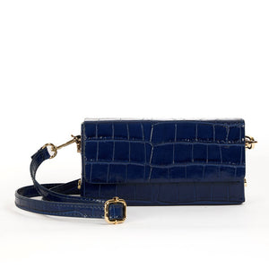 Margot croc-embossed leather clutch in Navy by Maison Fanli Paris with removable leather strap and gold-toned hardware