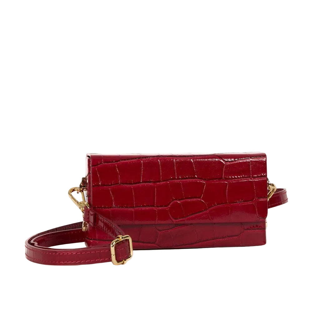 Margot croc-embossed leather clutch in Red by Maison Fanli Paris with removable leather strap and gold-toned hardware