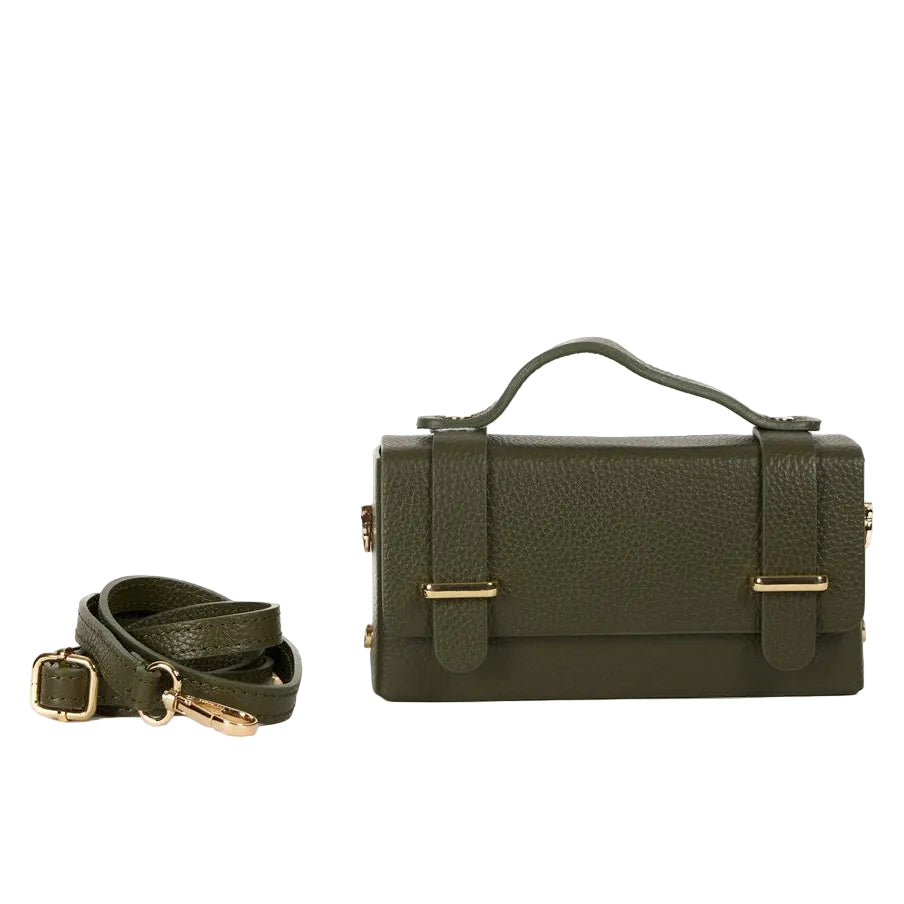Maison Fanli Margot Khaki grained leather clutch bag with removable leather strap 