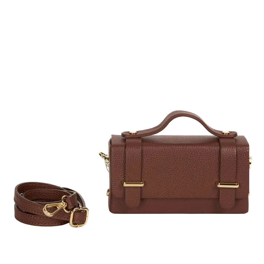 Maison Fanli Margot Brown grained leather clutch bag with removable leather strap 